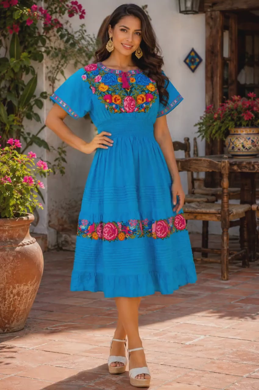 Authentic Cross-Stitched Turquoise Mexican Dress – Vibrant Artisan Beauty - Gorgeous Summer Boho Dress