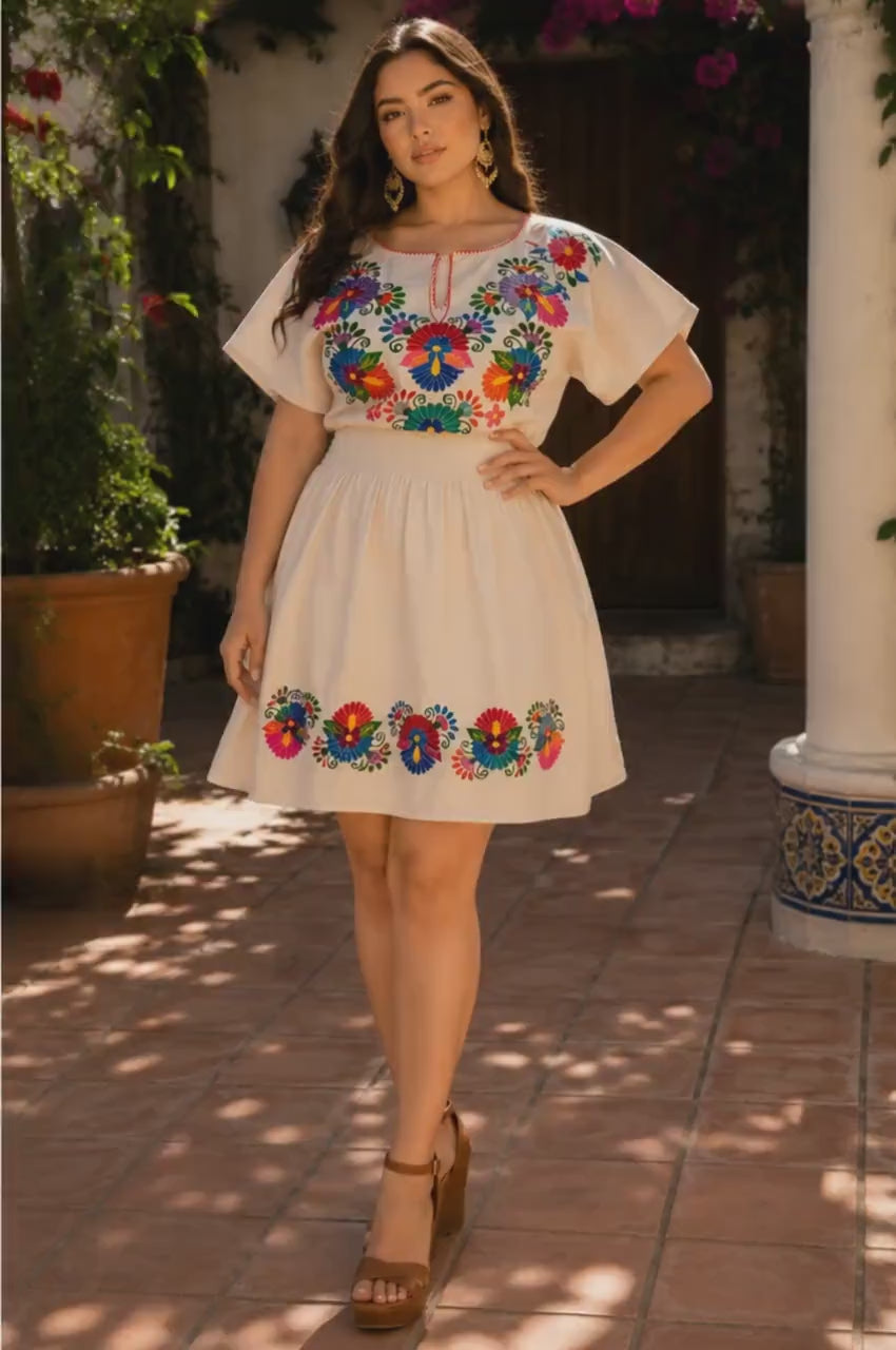 XL Handmade Mexican Embroidered Dress – Plus Size Fiesta Dress – Boho Floral Oaxaca Style Dress – Vacation, Party & Date Night Outfit