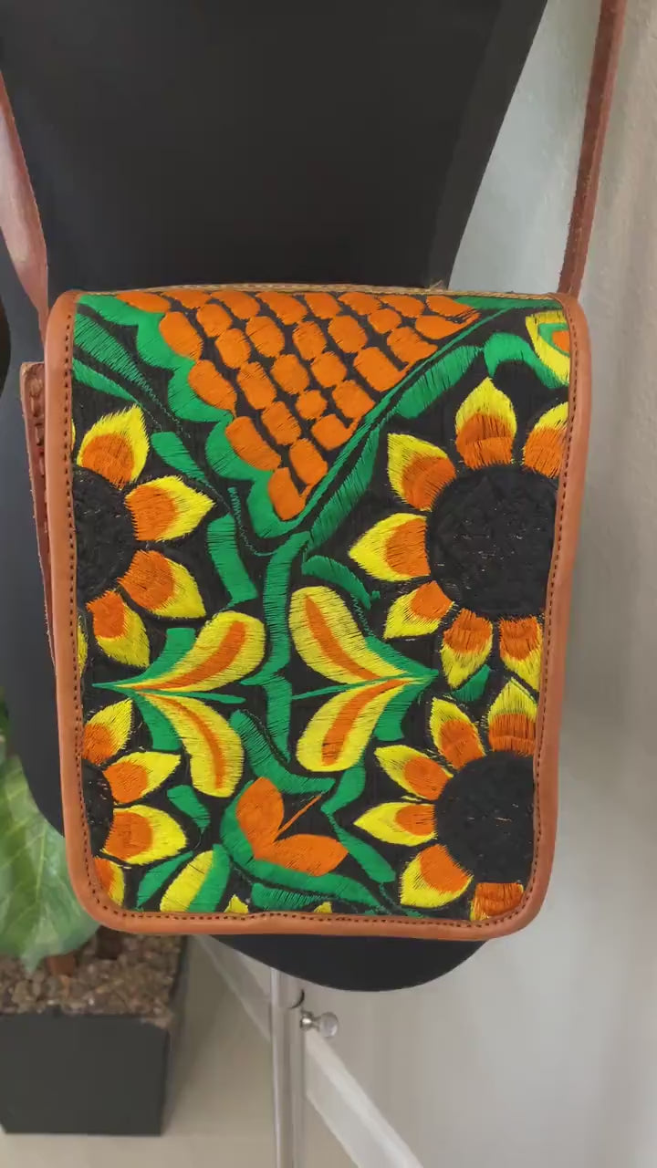 Image of Embroidered Genuine Leather Bag - Handmade Sunflower Side Bag