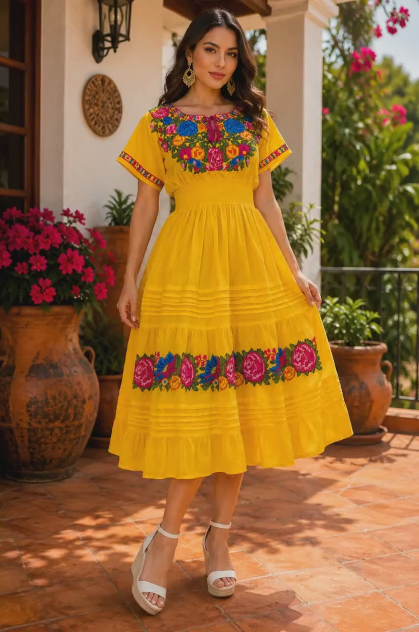 Mexican Hand-Embroidered White Floral Maxi Dress – Artisan Cross-Stitch Boho Summer Dress