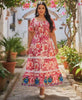 Mexican Floral Dress – Red/Pinkish Floral print fabric Dress – Artisan Embroidered Rose Dress – Boho long Dress – Folk long Dress for Women