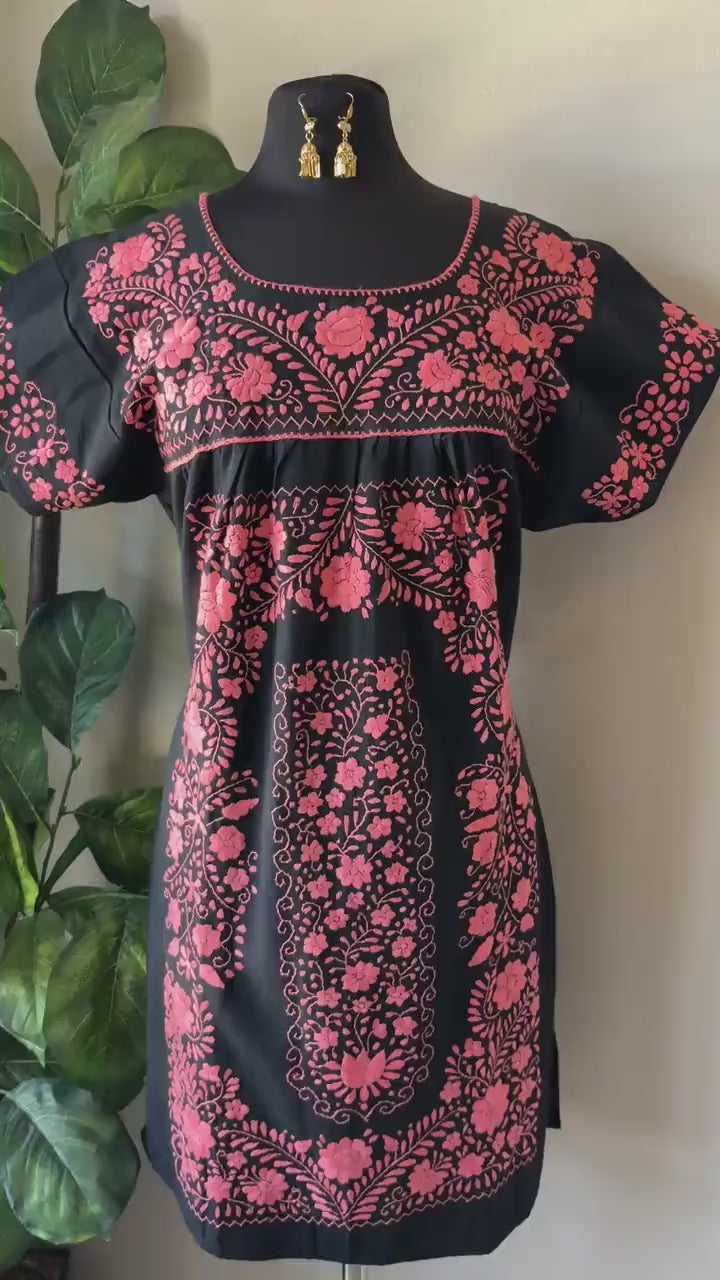 Image of Handmade Embroidered Tehuacán Mexican Dress: Artisan Boho Mini Dress